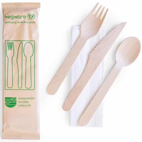 Cutlery Set Timber 16cm knife, fork, spoon & white napkin in kraft paper wrap