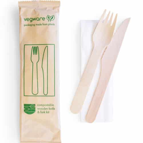 Cutlery Set Timber 16cm knife, fork & white napkin in kraft paper wrap