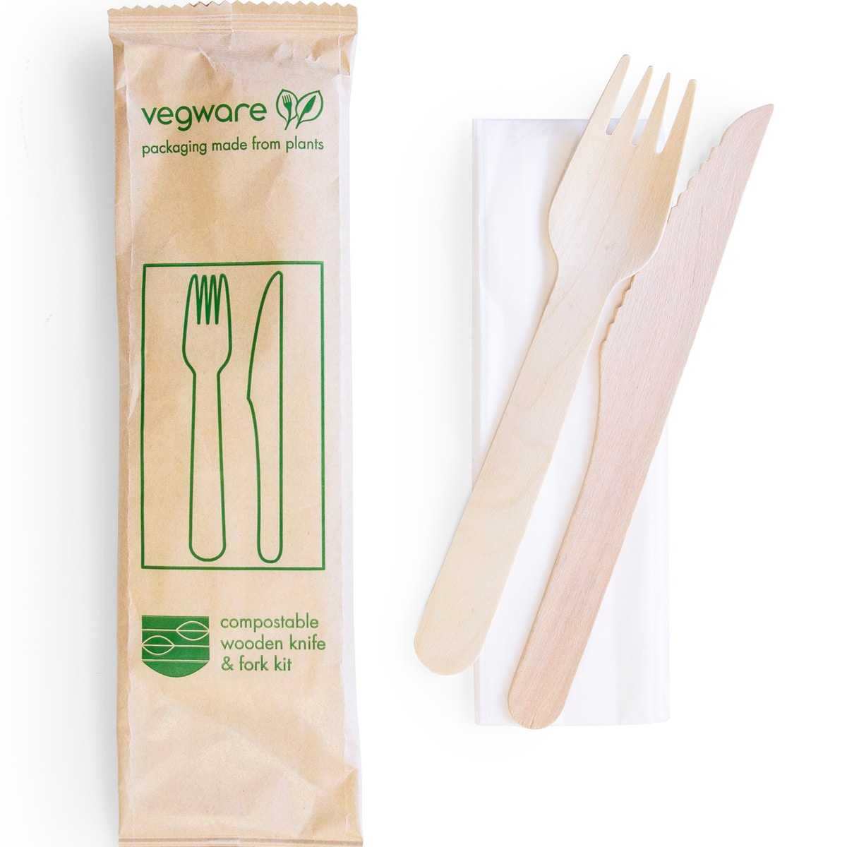 Cutlery Set Timber 16cm knife, fork & white napkin in kraft paper wrap
