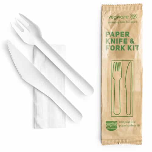 Cutlery Set Paper 16cm knife, fork & white napkin in kraft paper wrap